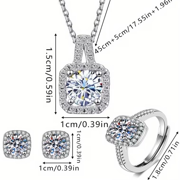 💎 Silver Halo Cushion-Cut Necklace, Stud Earrings and Ring Set - White - Picture 4 of 4
